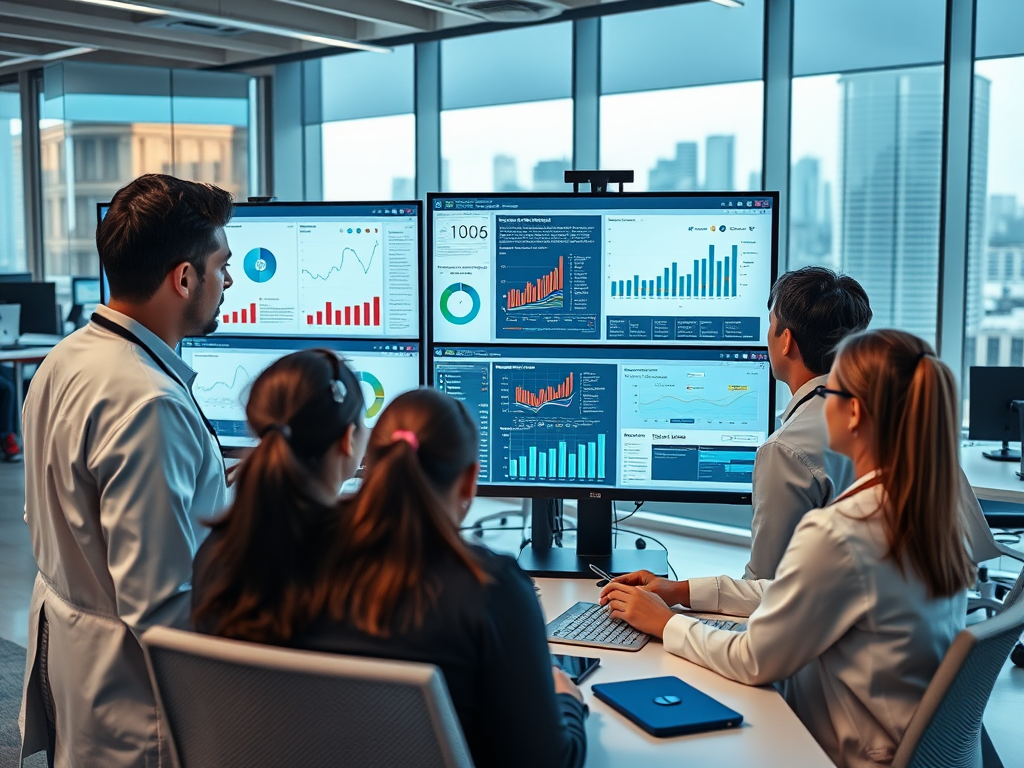 A team of professionals in lab coats analyzes data on multiple screens in a modern office setting.