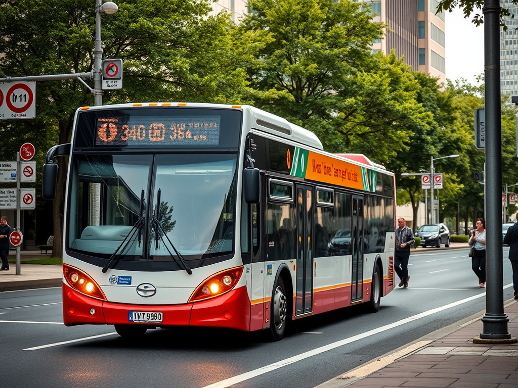 A city bus displaying route 340 stops on a tree-lined street, with pedestrians nearby and traffic in the background.