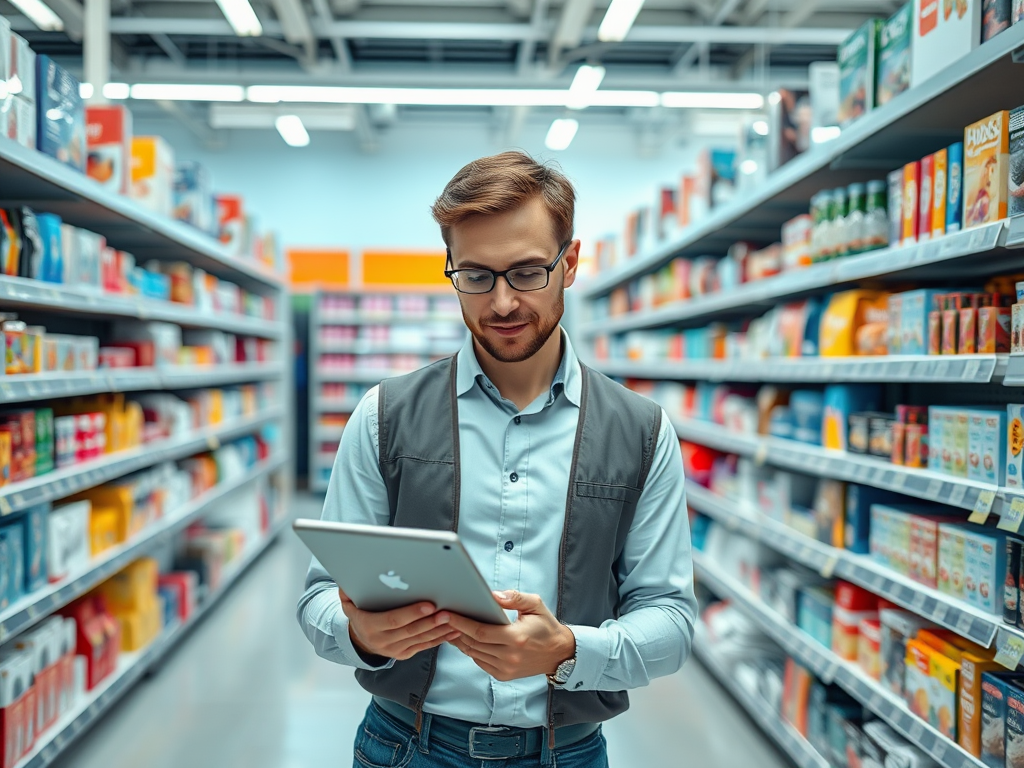 A man with glasses stands in a grocery aisle, using a tablet while surrounded by various products on shelves.