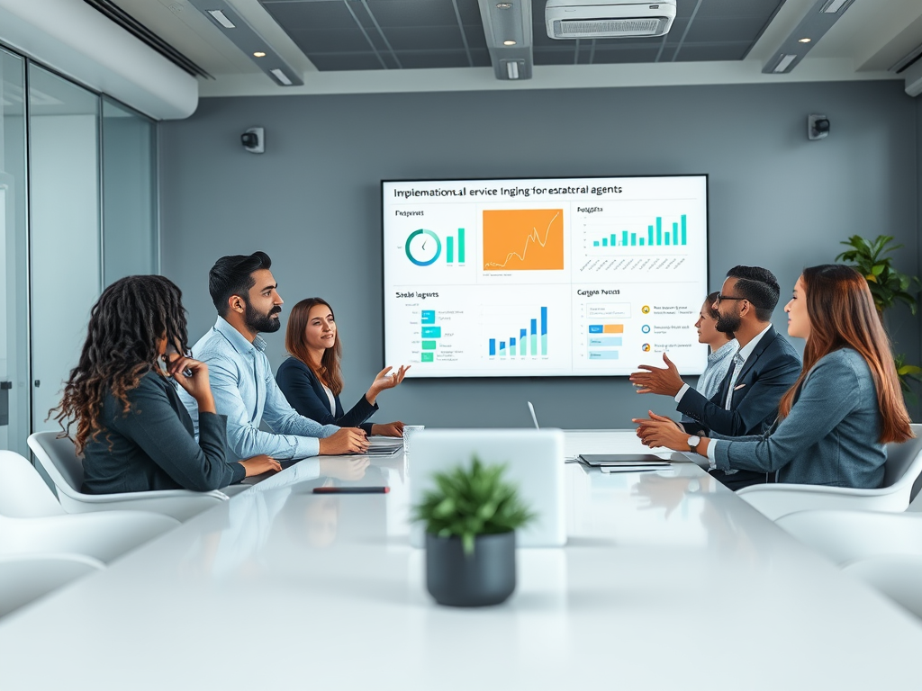 A diverse group of professionals discusses data presented on a screen in a modern meeting room.