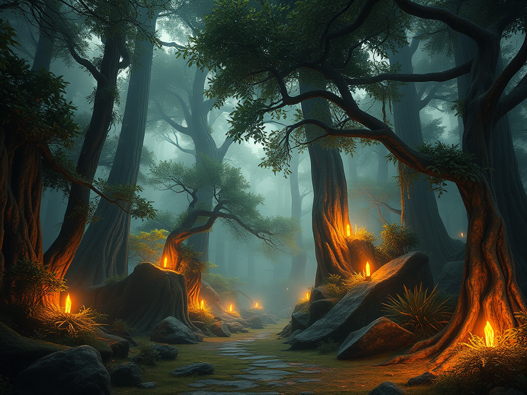 A mystical forest path illuminated by glowing crystals amidst tall, ancient trees shrouded in mist.