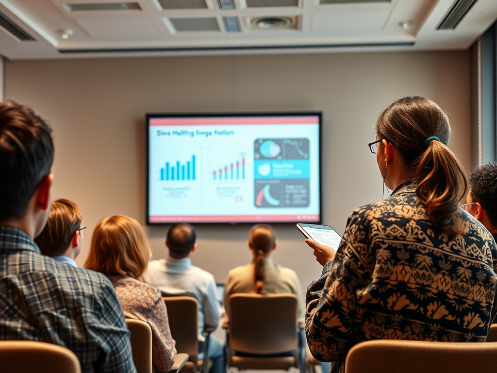 A group of people listening to a presentation with graphs displayed on a screen in a conference room.