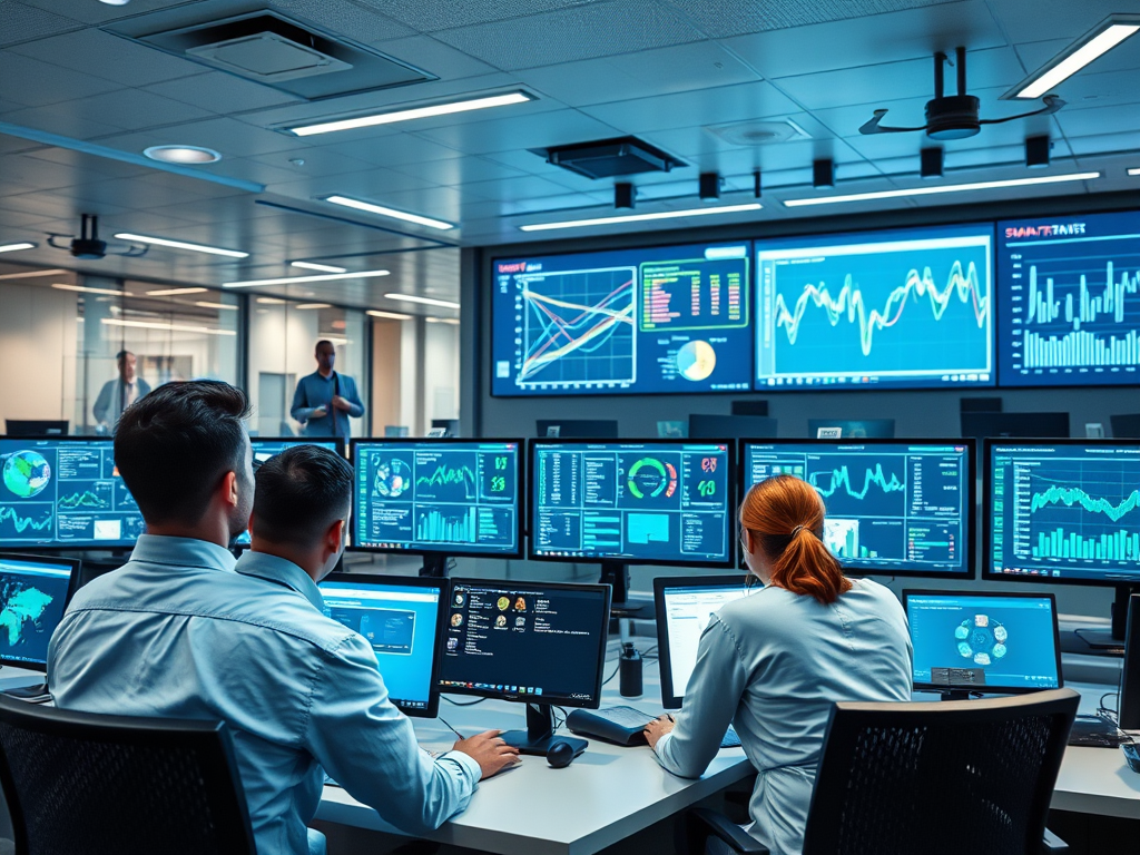 Three professionals analyze data on multiple screens in a modern control room, while a presenter speaks in the background.