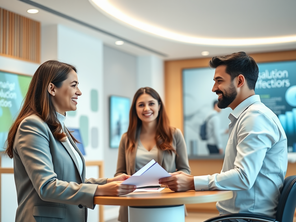 A woman hands documents to a smiling man at a desk, while another woman observes, all in a modern office setting.