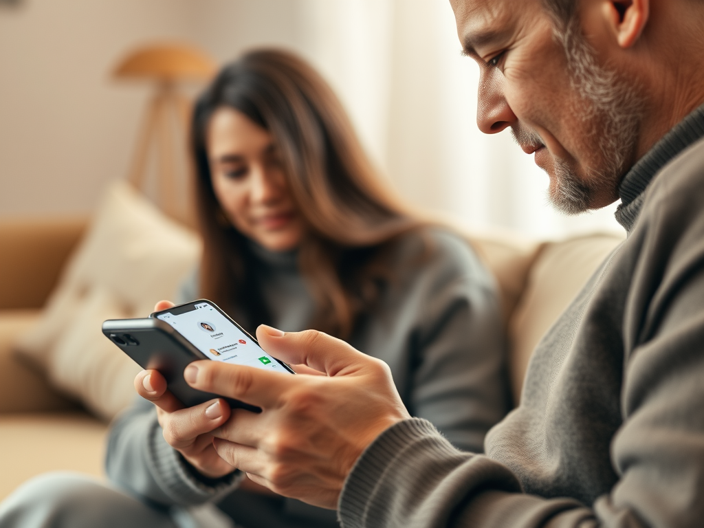 A man and woman sit together on a couch, both focused on their smartphones, engaged in conversation.