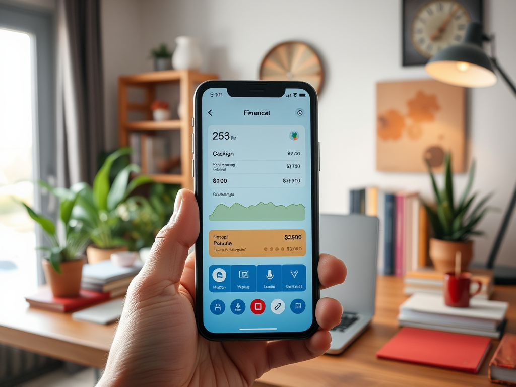 A person holds a smartphone displaying a financial app with graphs and data, surrounded by a home office setting.