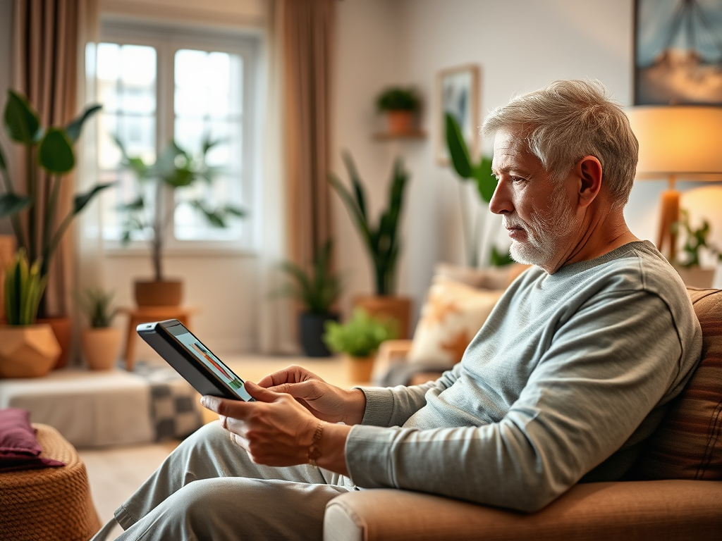 An older man sitting on a couch, focused on a tablet in a cozy, plant-filled living room.