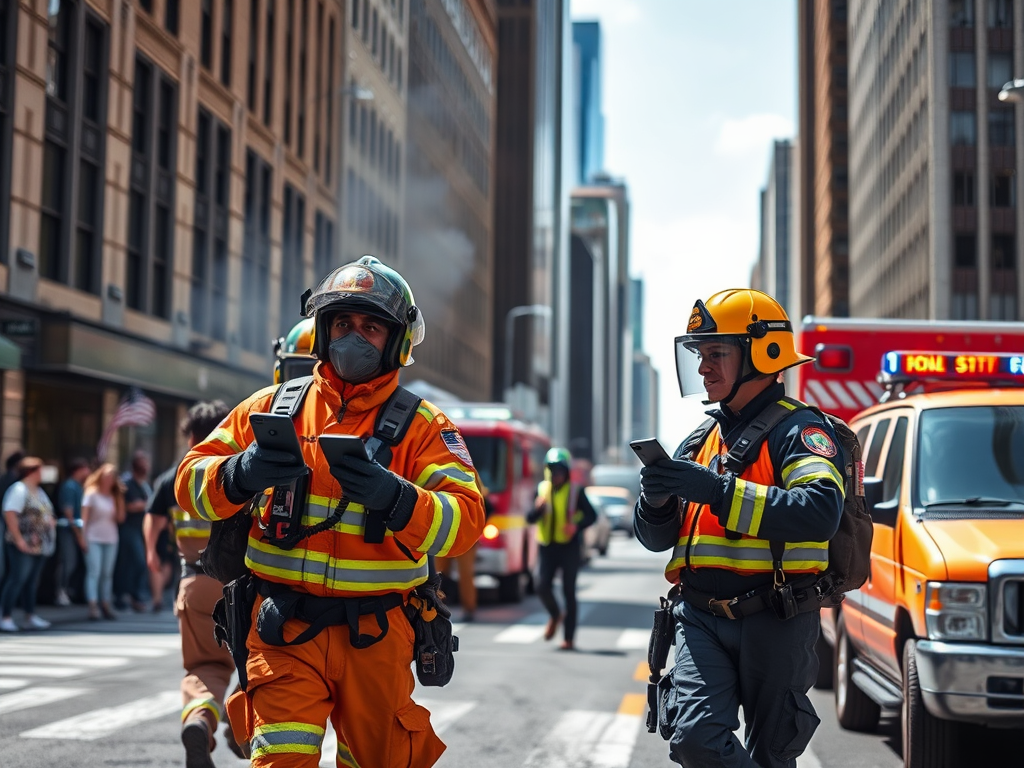 Two firefighters in orange gear check their phones in a busy city street, emergency vehicles in the background.