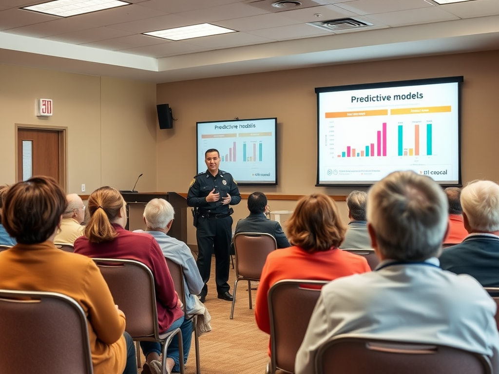 A police officer presents predictive models to an audience in a meeting room with charts displayed on a screen.