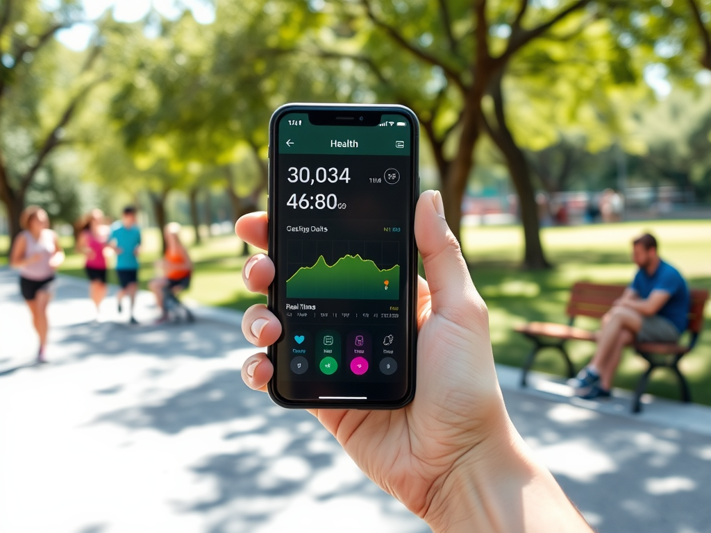 A person holds a smartphone displaying health stats: 30,034 steps and a duration of 46:80 minutes in a park.