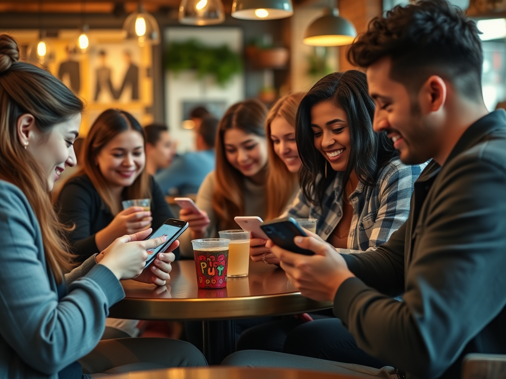 A group of young adults is sitting at a café table, engaging with their smartphones and enjoying drinks.