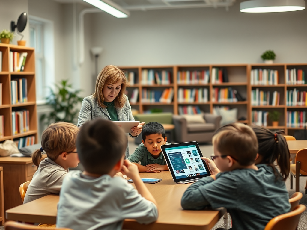 A teacher assists children with tablets in a bright library, encouraging collaboration and learning.