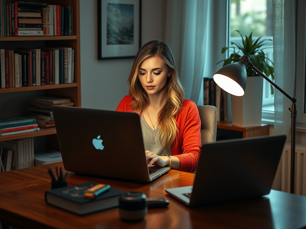 A woman sits at a desk with two laptops, focused on her work, with bookshelves and a lamp in the background.