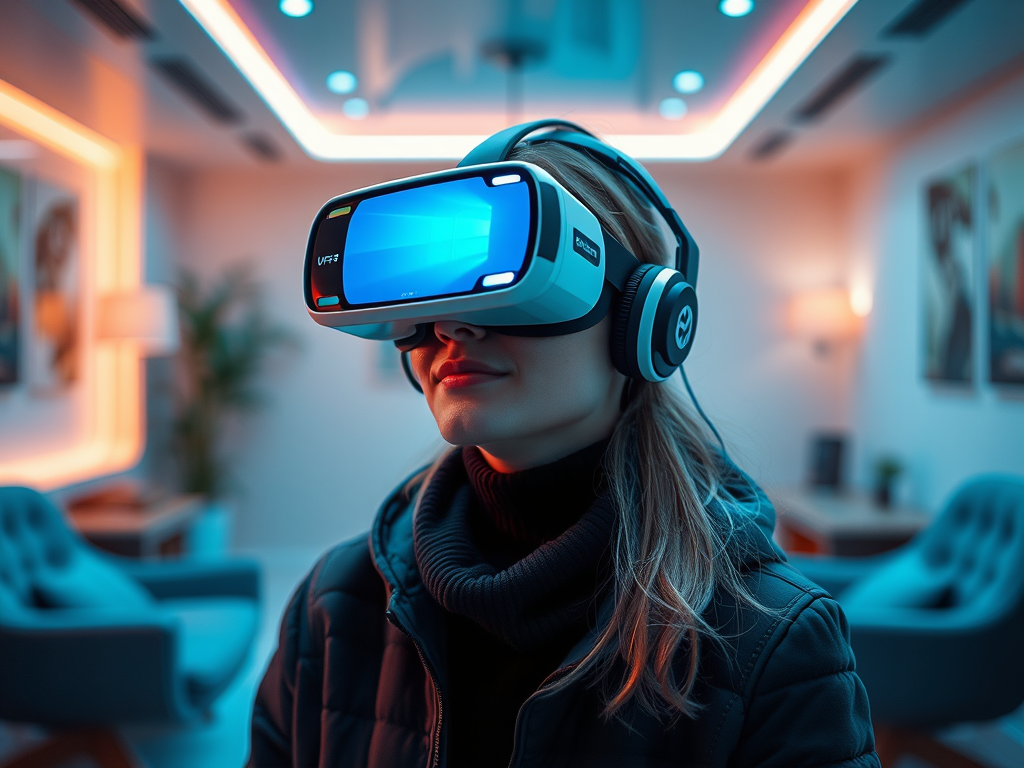 A woman wearing a VR headset in a modern, neon-lit room, focused on an immersive virtual experience.